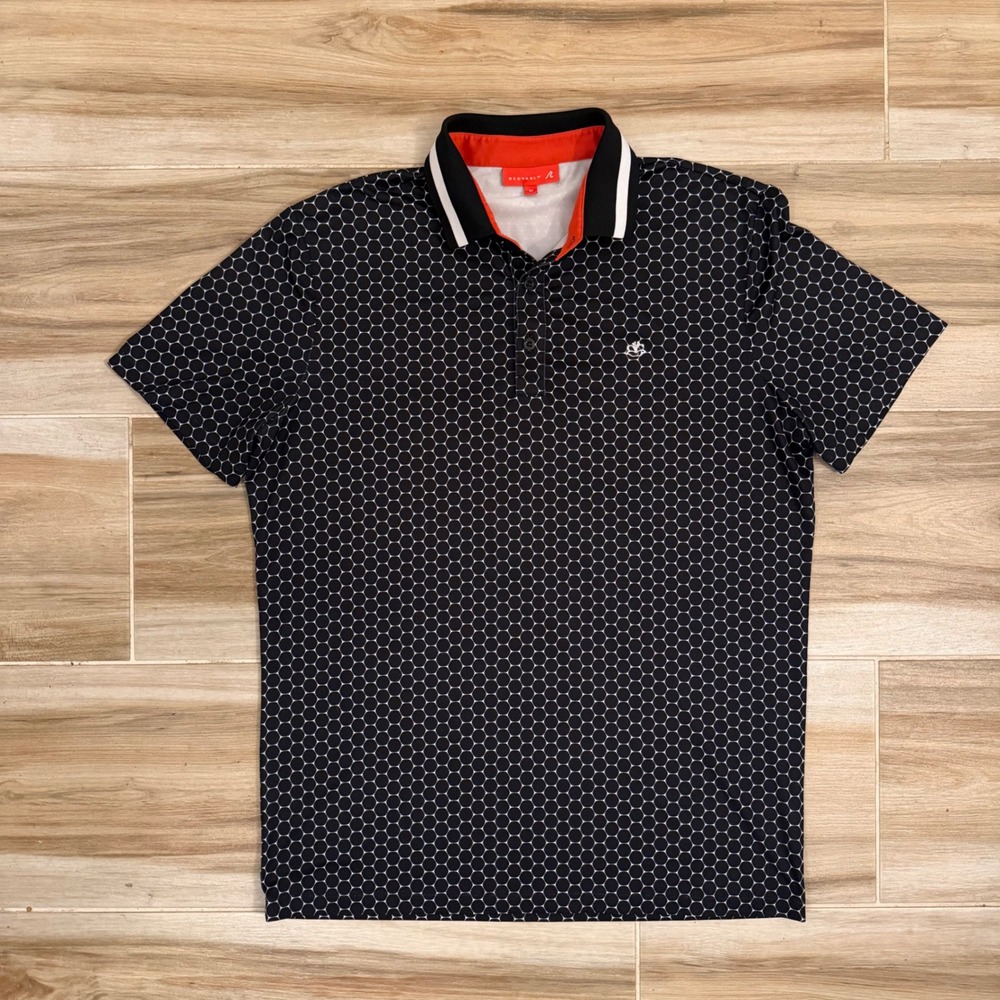 Redvanly Mens Honeycomb Golf Polo Shirt Black White Geometric Print Size Medium